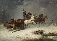 Josef Mathauser, Winter Landscape with a Sled Drawn by Four Horses, Oil on canvas