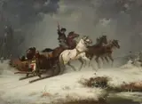 Josef Mathauser, Winter Landscape with a Sled Drawn by Four Horses, Oil on canvas