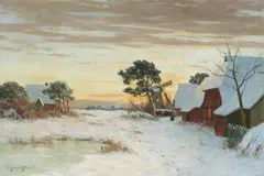 Paul Müller-Kaempff, Winter Landscape in Ahrenshoop with Cottages and a Windmill, Oil on canvas