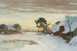 Paul Müller-Kaempff, Winter Landscape in Ahrenshoop with Cottages and a Windmill