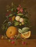 Maria Margaretha van Os, Still Life with a Vase of Flowers, Clementines, and Raspberries, Oil on panel