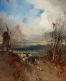 Georg Papperitz, Landscape with a Windmill and Two Horsemen, Oil on panel