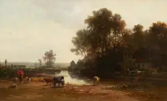 Rudolph Poeppel, River Landscape in Summer with a Cottage and Cattle, Oil on canvas (relined)