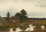 Anton Zwengauer, Farmstead with Horses by a Pond, Oil on canvas