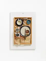Variation d'un petit déjeuner by Daniel Spoerri, 1966, Assemblage of various kitchen utensils, i.a. on wooden tray, sold Jun 2018
