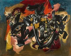 Komposition XVII/55 by Peter Brüning, 1955, Oil on fibreboard, sold Jun 2018