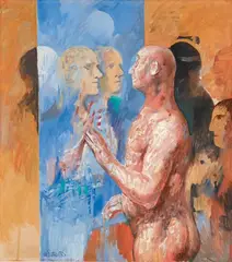Willi Sitte, Herr Mittelmaß bewundert sich im Schaufenster, 1990, Oil on card