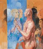 Willi Sitte, Herr Mittelmaß bewundert sich im Schaufenster, 1990, Oil on card