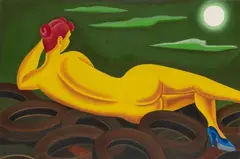 Milan Kunc, Gelbes Nocturno (Akt auf Reifen), 1982, Acrylic on canvas