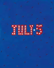 William Copley, July 5 (Great Day Coming), 1975, Acrylic collaged with firecrackers on canvas