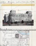 Wrapped Reichstag (Project for Berlin) by Christo, 1993, Collage: wax crayons, white body colour, pencil, map and photograph on card on wood, sold Jun 2018