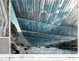 Over the river (Project for Arkansas River, State of Colorado) by Christo, 2007, Collage: wax crayon, pencil, varnish, map, fabric and photograph by Wolfgang Volz on card on wood, sold Jun 2018