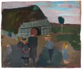 Paula Modersohn-Becker, Kinder vor Bauernhaus. Verso: Birkenstämme und Haus, Circa 1901, Oil on artist's board