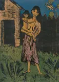 Otto Mueller, Stehende Zigeunerin mit Kind auf dem Arm, 1926-27, Colour lithograph, the skirt with reddish colour reworked by the artist, on yellow-brown paper