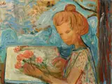 Otto Dix, Blondes Mädchen mit losen Blumen (am Tisch sitzend), 1948, Oil on fibreboard