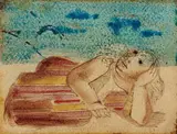Jankel Adler, Ruhende mit aufgestütztem Arm, 1931, Watercolour and pen drawing, probably on paper, mounted on firm card fragment painted on verso and lacquered