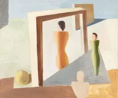 Franz Joseph Esser, Drei Figuren im Bühnenraum. Verso: Bleistiftskizze, Circa 1930/31, Oil over pencil on drawing card