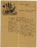Lyonel Feininger, Dreimaster mit Flagge, 3 und Sonnenuntergang, 1919, Woodcut on light Japan laid paper. Letterhead on a letter sent to Dr. Koch, Graphisches Kabinett von Bergh & Co., Düsseldorf, by the artist on March 3,