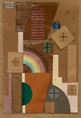 Otto Griebel, Der Turm des Regenbogens, 1920, Collage (various papers, partially glossy colour papers, pieces of card, embossed coloured tinfoil, reworked with coloured chalks, India ink and pencil and with a clock-hand) on heavy card (33.5 x 22.2/
