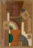 Otto Griebel, Der Turm des Regenbogens, 1920, Collage (various papers, partially glossy colour papers, pieces of card, embossed coloured tinfoil, reworked with coloured chalks, India ink and pencil and with a clock-hand) on heavy card (33.5 x 22.2/