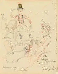 Otto Griebel, Ja exzentric muss man sein! (Gästebuchblatt für Fritz Glaser), 1921, Pencil and colour crayon drawing, collaged with a stamp and additions in ink, on heavy chamois-coloured wove paper