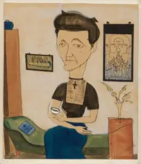 Otto Griebel, Die Bibelforscherin, 1923, Watercolour and pen and ink drawing over pencil, collaged with tin foil, on plain, slightly textured, brownish paper, mounted on smooth light card (