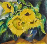 Adolf de Haer, Sonnenblumen in blauer Vase, Circa 1920, Oil on canvas