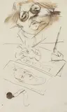 Hermann Baptist Hundt, Johanna Ey schreibt an Jacobo Sureda, Circa 1930, Pen and ink drawing with brownish wash, over pencil on plain drawing paper (left margin perforated)
