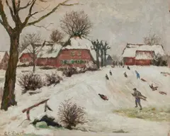 Ernst Wilhelm Eitner, Winterlandschaft mit Schlittenfahrern, Circa 1920, Oil on card (