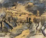 Josef Eberz, Assisi, 1920, Brush and India ink, gouache and colour chalk on brownish paper