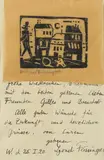 Lyonel Feininger, Brief an Alexandra und Peter Röhl, 1920, Two-page letter with pen and ink drawing on fibrous grey paper. Woodcut on yellow parchement by Andreas Feininger mounted on verso