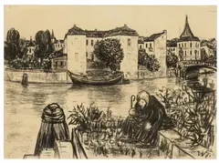 Die alte Spree (Sitzende Frau vor Flusslandschaft) by Werner Heldt, 1935, Charcoal drawing on cream-coloured laid paper with watermark "GUARRO", sold Jun 2018
