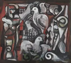 Béla Kádár, Komposition mit Vögeln, Late 1940s, Gouache and white bodycolour on card