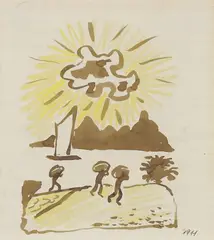 Lastträger am Ufer by August Macke, 1911, Brush and India ink and coloured chalk on chequered notepad paper, sold Jun 2018