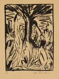 Otto Mueller, Stehendes, sitzendes und badendes Mädchen am Baum (Akte unter Bäumen), Circa 1920, Lithograph on slightly hammered laid paper