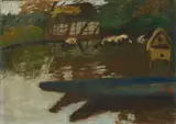 Otto Modersohn, Herbst an der Wümme mit Booten, Entenhaus, Kühen und Wilkens Scheune