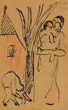 Max Pechstein, Mutter mit zwei Kindern im Garten, 1917, Pen and ink and colour chalk drawing on postcard. Verso: message to Charlotte Pechstein, dated '25. V. 17.'