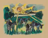 Max Pechstein, Der Abend (Kuhweide bei untergehender Sonne), 1923, Hand-coloured lithograph on brownish wove paper