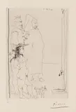 Pablo Picasso, Trois Personnages, dont une caricature d' après el greco et une d' après tintin, et un petit chien, 1966, Etching on wove paper