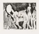 Pablo Picasso, Cirque: Écuyère, Femmes et Spectateurs, dont un Garagiste déguisé, 1968, Etching on wove paper with watermark "BFK RIVES"