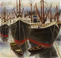 Karl Schwesig, Hafenansicht mit Frachtschiffen (Marseille), 1931, Oil on canvas