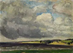 Eugen Spiro, Uferlandschaft mit wolkenverhangenem Himmel, 1918, Oil on canvas, mounted on card