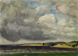 Eugen Spiro, Uferlandschaft mit wolkenverhangenem Himmel, 1918, Oil on canvas, mounted on card