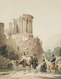 Joseph Steingrübel, Italian Peasants at the Temple of the Sybil in Tivoli, Watercolour