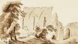 German School circa 1810 & 20, Landscape with Ruins Landscape with a Cottage, Brown ink and wash on paper. Each