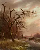 Andreas Schelfhout, Evening Winter Scene with Skaters, Oil on panel