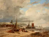 Andreas Schelfhout, Coastal Scene with Boats and Fishermen's Huts
