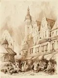 Charley C. F. Tomkins, Market Scene by Leipzig Town Hall, Brown ink and wash on laid paper