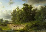 Frederik Hendrik Hendriks, Wooded Landscape with Shepherds, Oil on canvas, mounted on panel