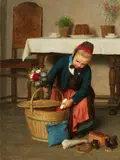 Friedrich Eduard Meyerheim, The Birthday Basket - Painting and Oil Study, Oil on canvas and oil on painter's card. Painting: